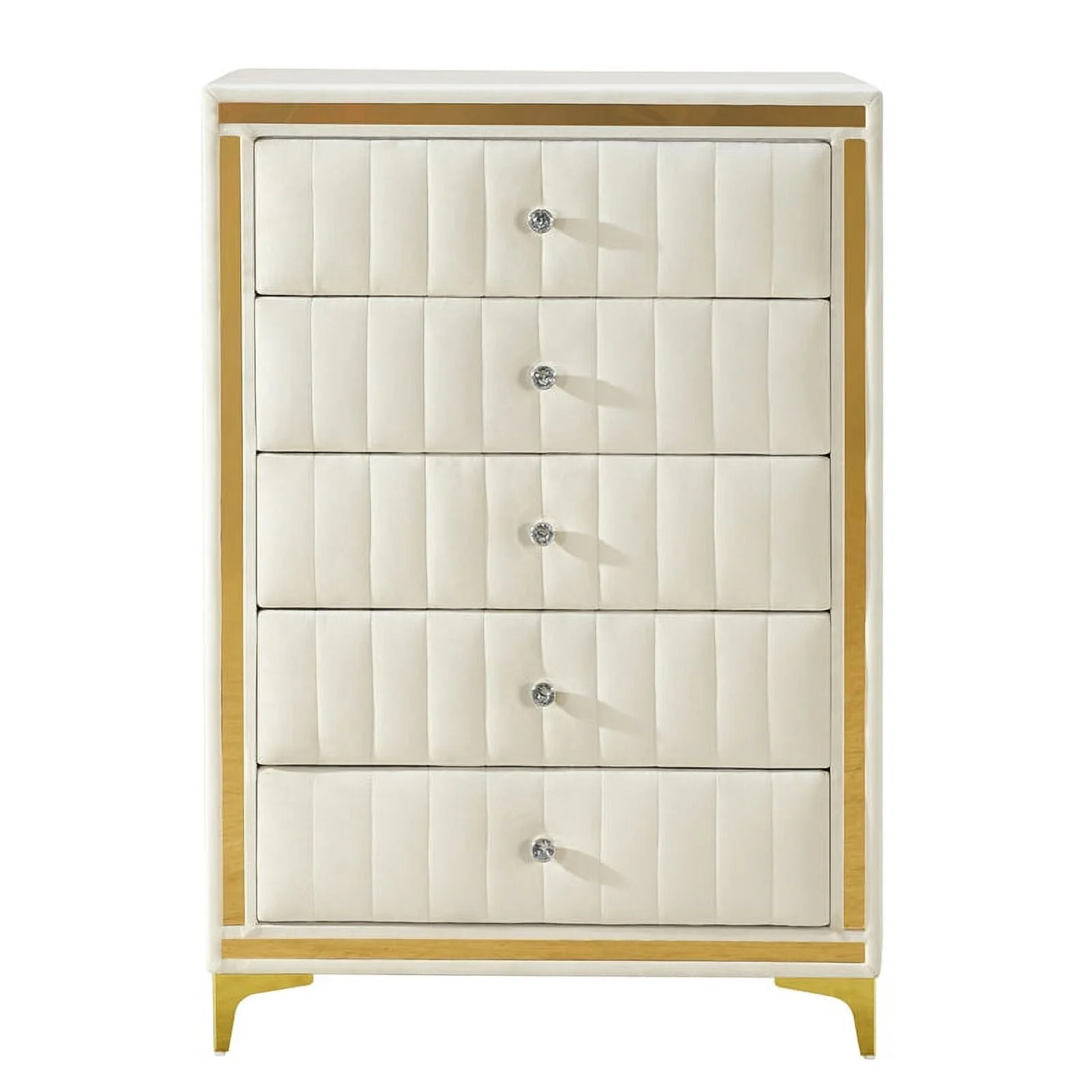 Better Home Products Monique Velvet Upholstered 5-Drawer Chest in Cream