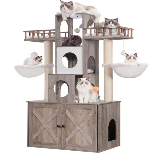 Heybly Cat Tree with Litter Box Enclosure for Indoor Big Cat, Cat Tower for Large Cats 20 lbs Heavy Duty, Modern Cat Condo Furniture with Scratching Posts, Rustic Gray HCT110SG