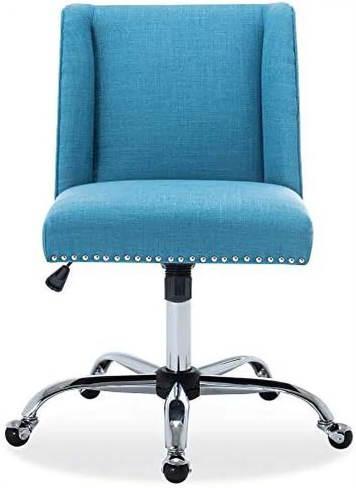 Modern Upholstered Linen Office Chair With Nailhead Trim, Armless Adjustable Height Swivel With Wheels, Stylish Farmhouse Computer Desk Seating - Blue