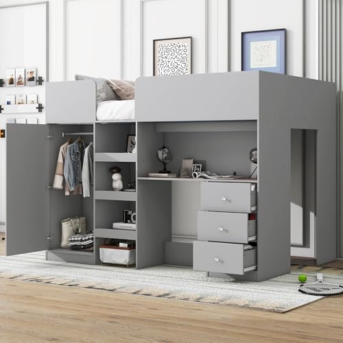 Merax Wood Loft Bed Full Size with Storage, Built-in Desk, Drawers, Wardrobe and Shelves, Beige