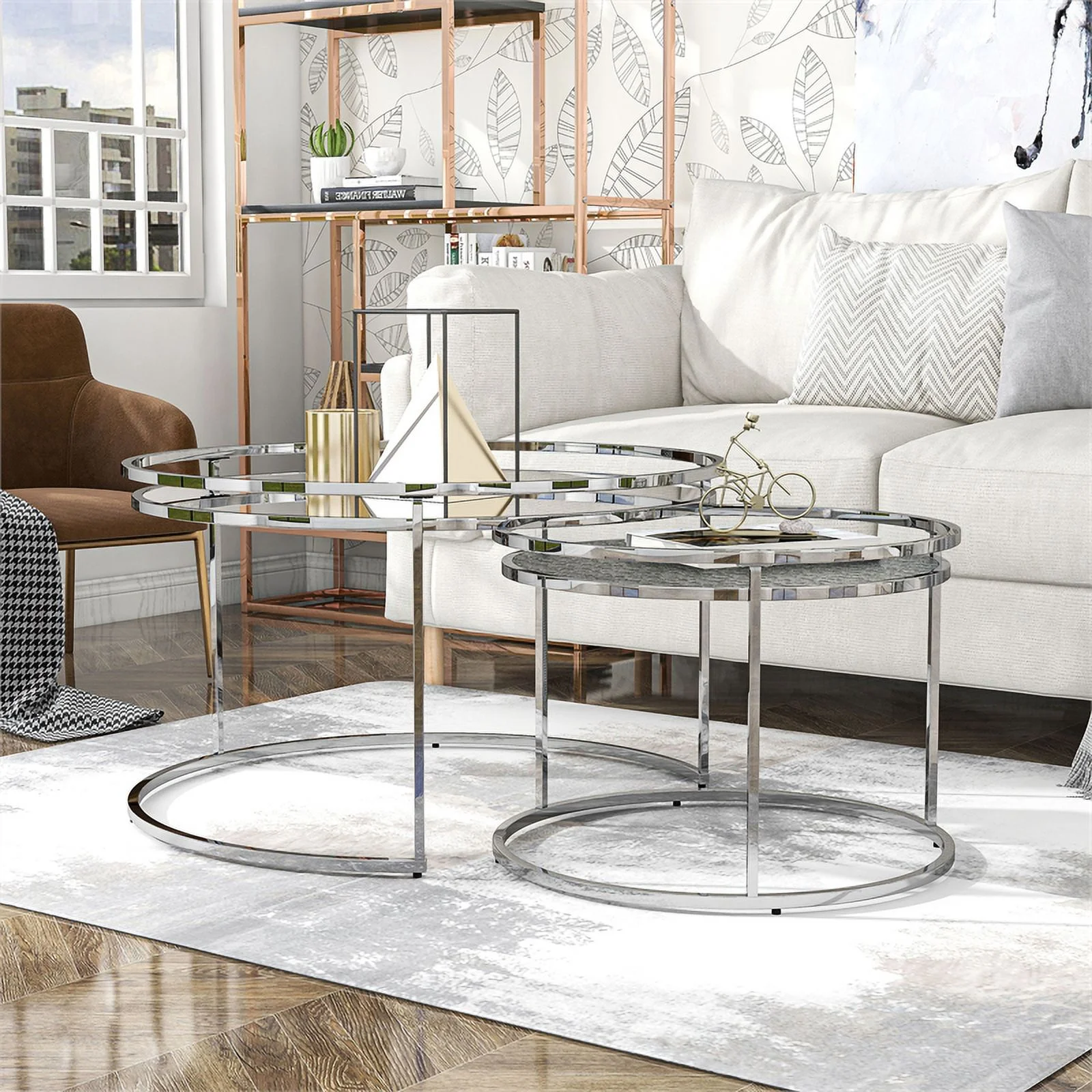 Bowery Hill Metal Glass Top 2-Piece Nesting Tables Set in Chrome