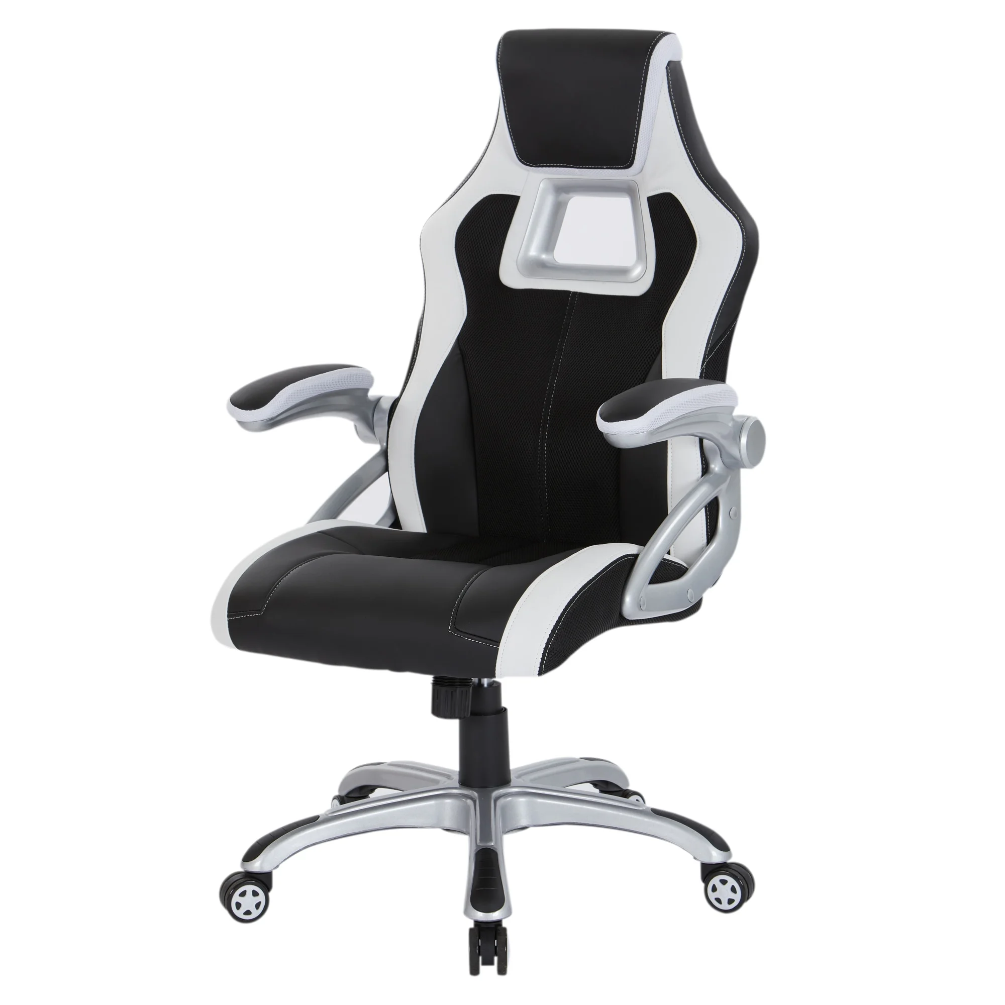 OSP Home Furnishings Race Chair in Black with White Trim, White Stitching, and Silver Base
