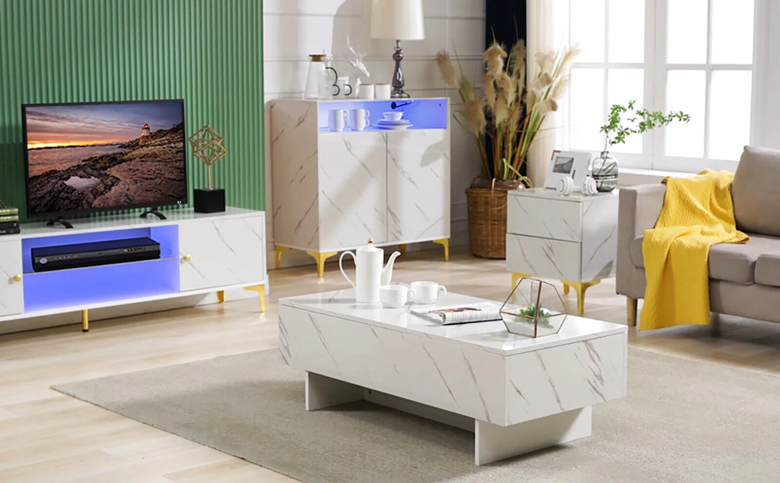 High Gloss White Marble Rectangle Coffee Table 42.5