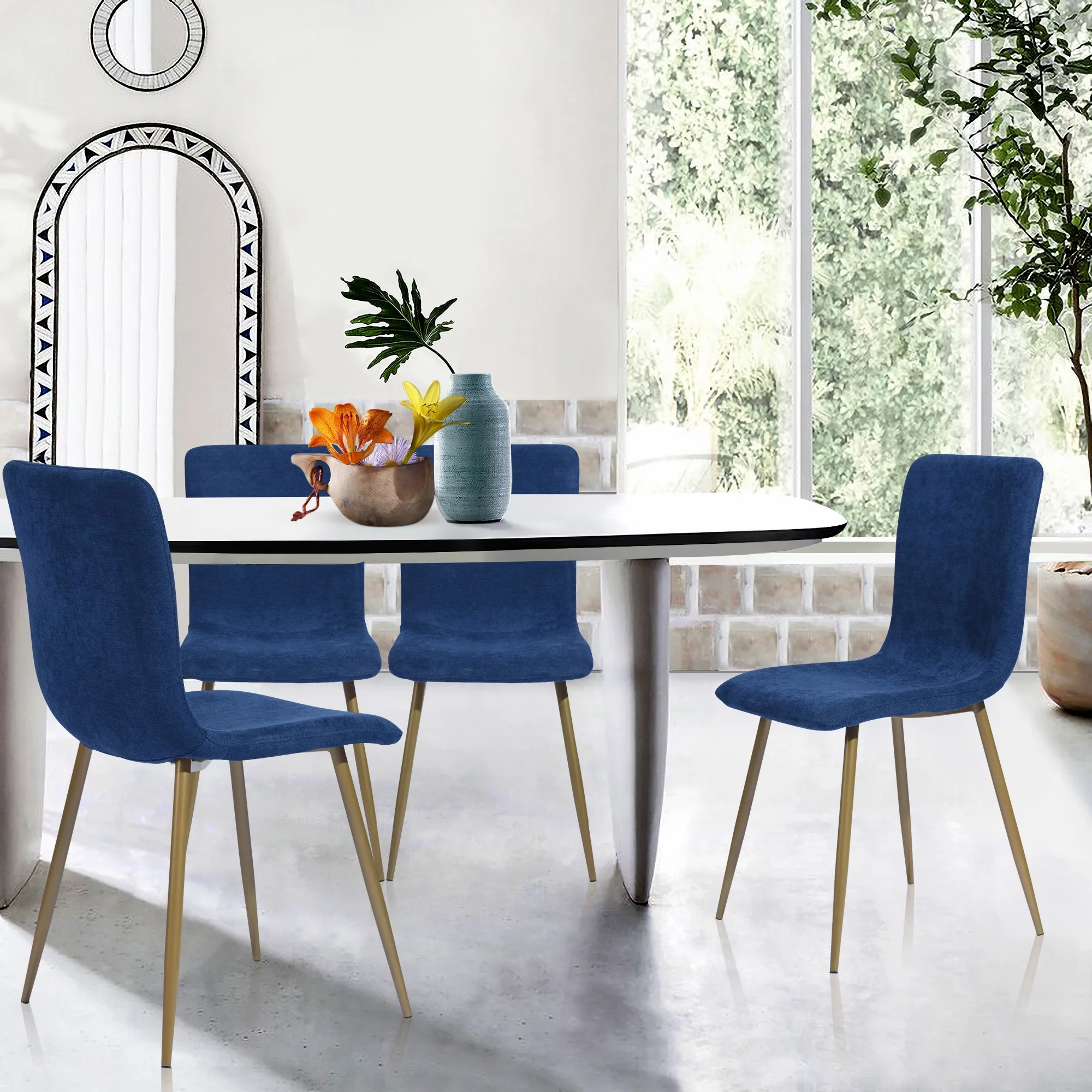 Homy Casa Modern Dining Chairs Set of 4, Upholstered Velvet Fabric Side Chairs with Gold Metal Legs, Navy Blue