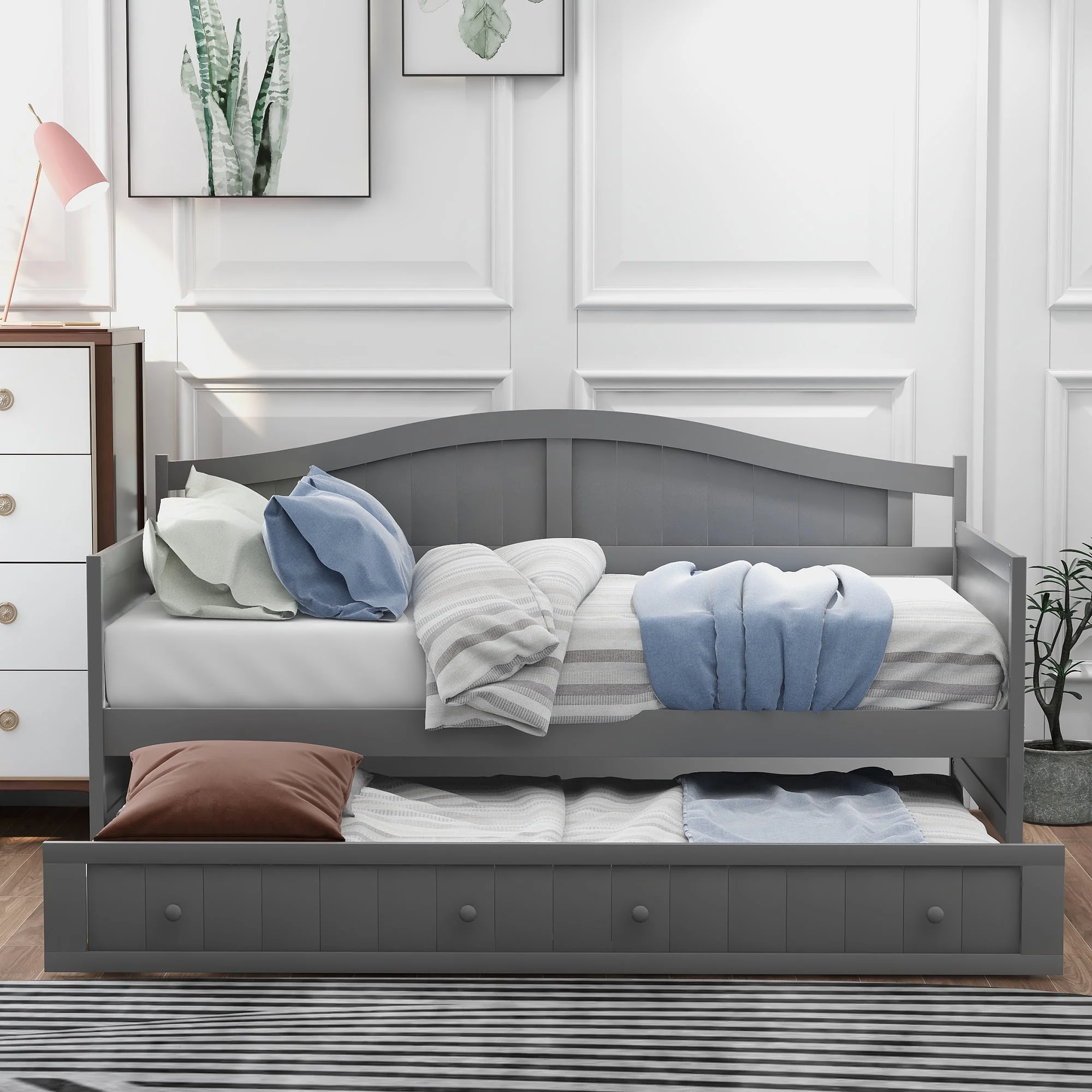 Grey Double Wooden Sofa Bed Modern Pull Out Chair Bed with Roller Bed Bedroom Living Room Sofa Bed Classic Arched Profile Suitable for Living Room Small Apartments