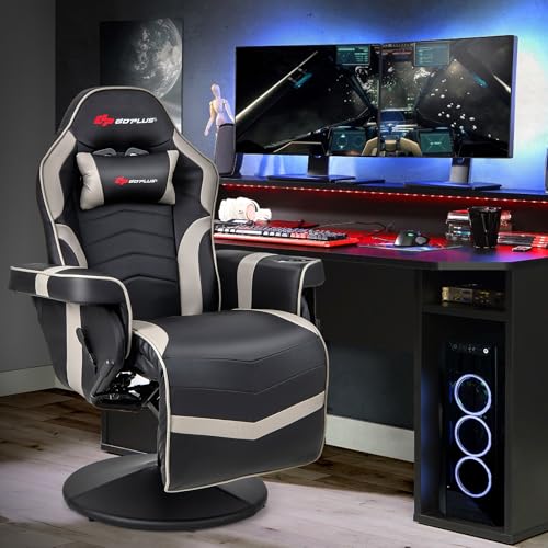 Goplus Massage Gaming Chair, Racing Style Gaming Recliner w/Adjustable Backrest and Footrest, Ergonomic High Back PU Leather Computer Office Chair Swivel Game Chair w/Cup Holder and Side Pouch