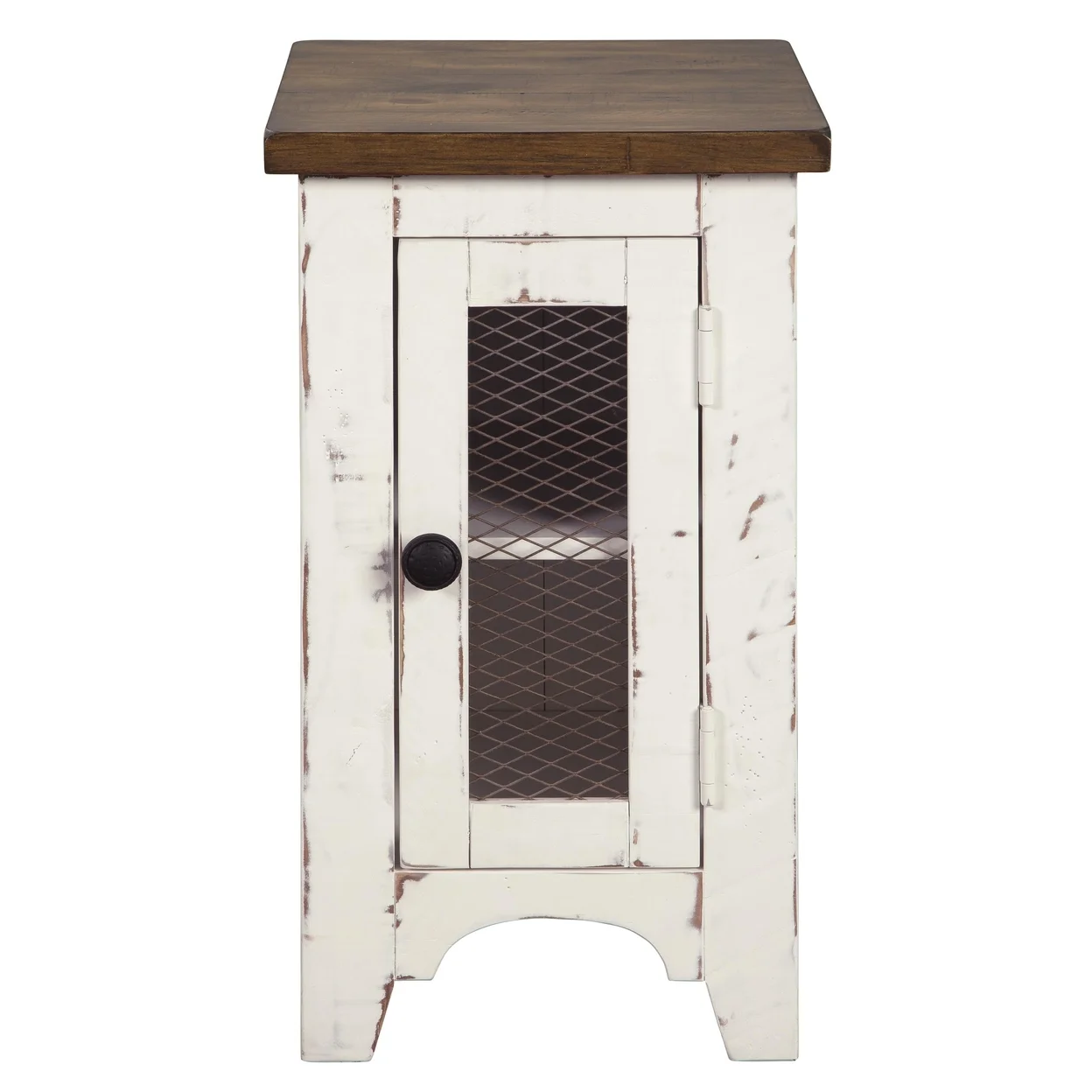 Two Tone Chair Side End Table with Wire Metal Grill CabinetBrown and White- Saltoro Sherpi