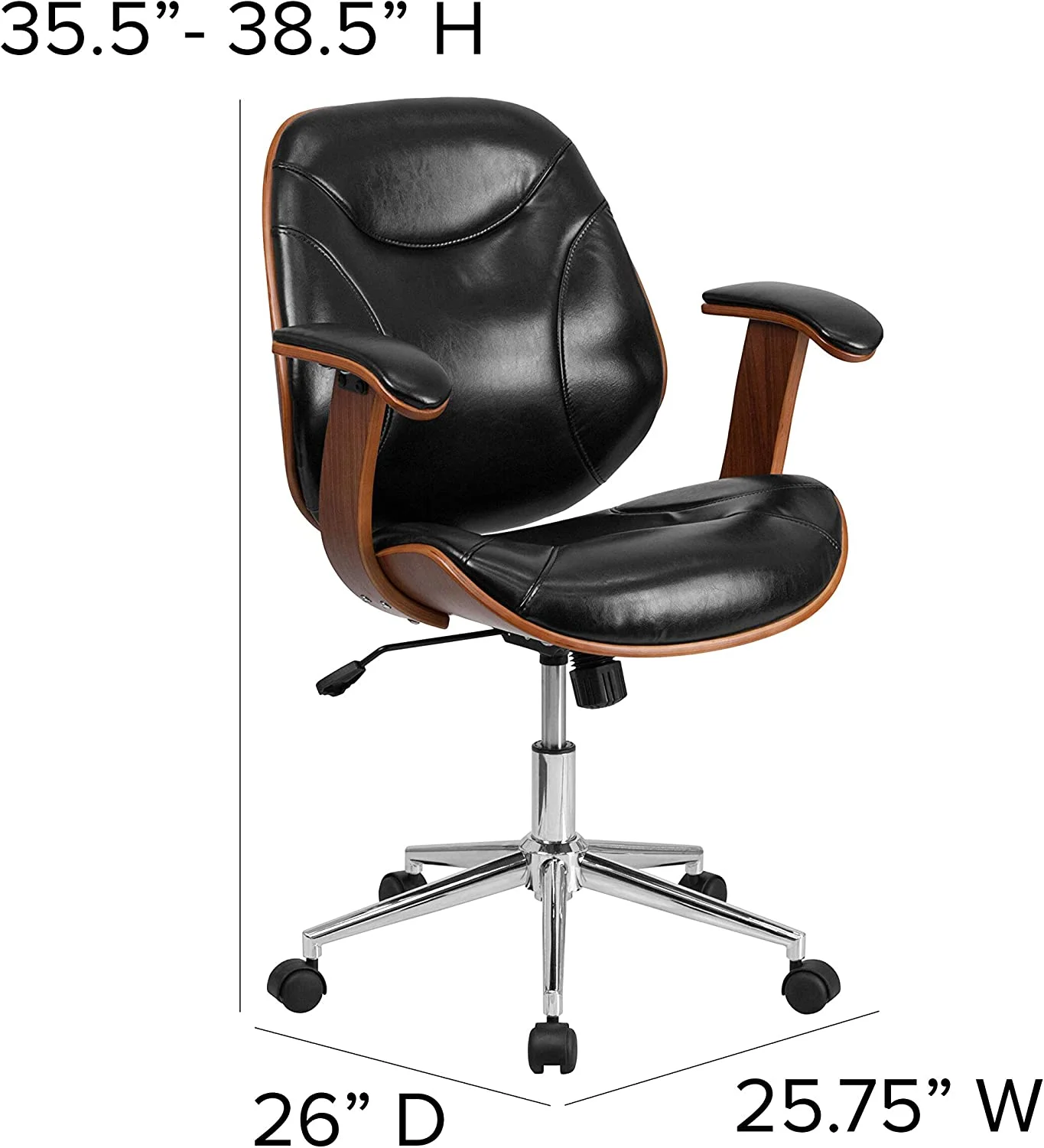 RUNFAYBIU Frederick Mid-Back Ergonomic Office Chair Executive Swivel Bentwood Frame Desk Chair in Black Faux Leather