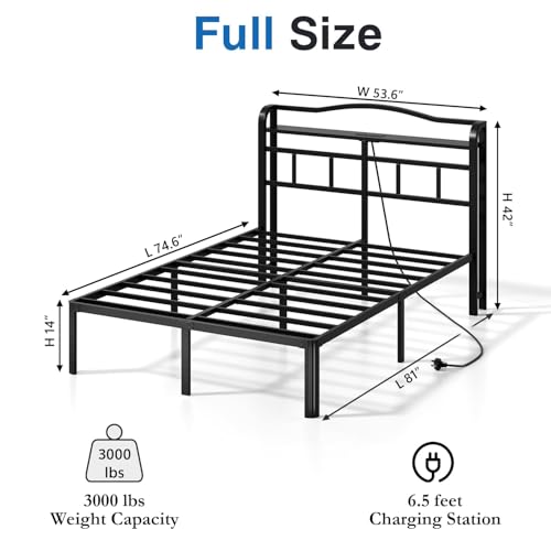 Full Size Bed Frame - Storage Headboard with Charging Station, 14 Inch Sturdy Metal Platform Bed Frame No Box Spring Needed, Easy Assembly, No Noise, Black
