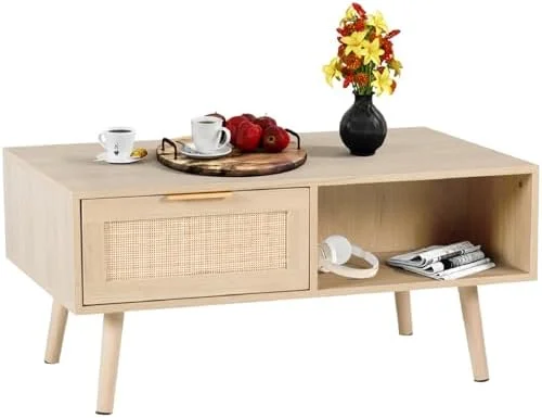 KHBIULIFE Rectangle Small Coffee Table for Living Room  Mid Century Modern Rustic Coffee Tables with Rattan Drawer    Wood Central Table Tea Table  Apartment  Office