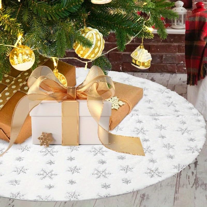 Christmas Tree Skirt 48 inches Faux Fur White Christmas Tree Skirt for Christmas Tree Decorations Winter Holiday Home Christmas Party Ornaments (White)