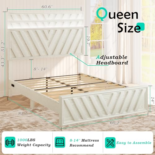 Full Bed with Adjustable Headboard, Farmhouse Platform Bed Wood with LED Light and Charging Station, Diagonal Line & Rustic Brown
