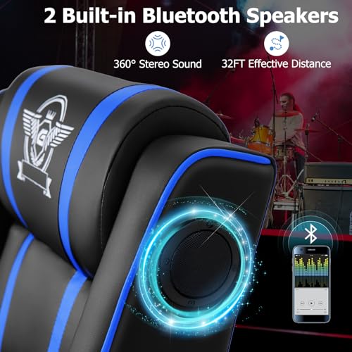 Giantex Gaming Massage Recliner Chair - Racing Style Gaming Sofa Chair with Reclining Backrest, Massage Lumbar Pillow, Retractable Footrest, Home Theater Seating with Bluetooth Speaker (Blue)