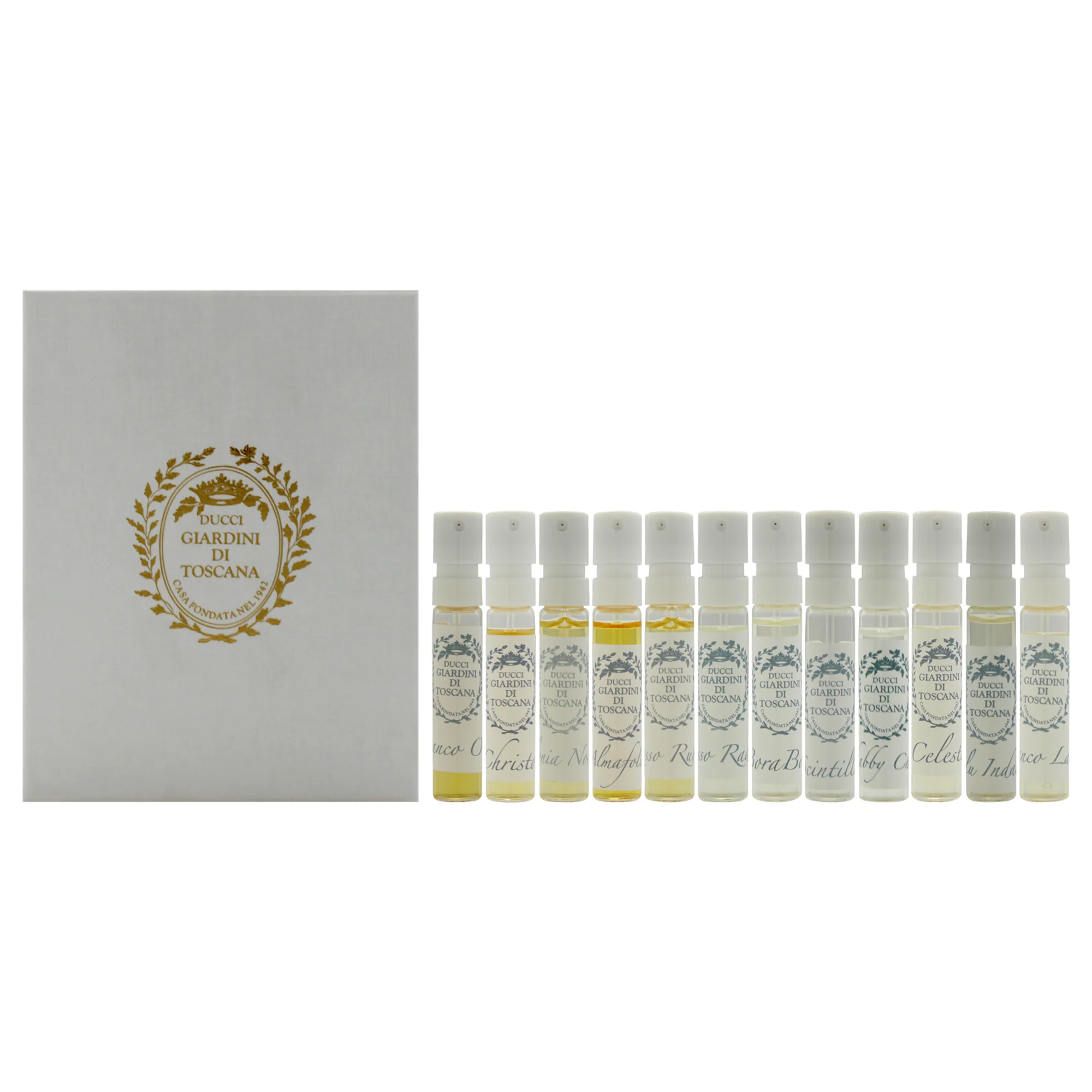 Giardini Di Toscana Discovery Set by Giardini Di Toscana for Unisex - 12 Pc Mini Gift Set 0.06oz Almafolia EDP Spray, 0.06oz Bianco Latte EDP Spray, 0.06oz Bianco Oro EDP Spray, 0.06oz Blu Indaco EDP Spray, 0.06oz Borabora EDP Spray, 0.06oz Celeste E