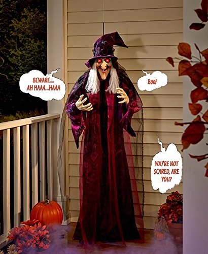 Life Size Hanging Talking Witch - Animated Halloween Witch with Sound Activation and Red Eyes for Outdoor & Indoor Decor - Old, Spooky and Scary Flying Animatronic Witch for Halloween Decorations