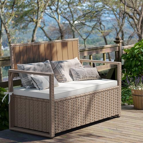 YITAHOME 90 Gallon Outdoor Wicker Storage Bench w/Cushion, Large PE Rattan Deck Storage Box w/Handles & Hydraulics for Patio Furniture, Cushions, Garden Tools, Pool & Sports Equipment, Black&Beige