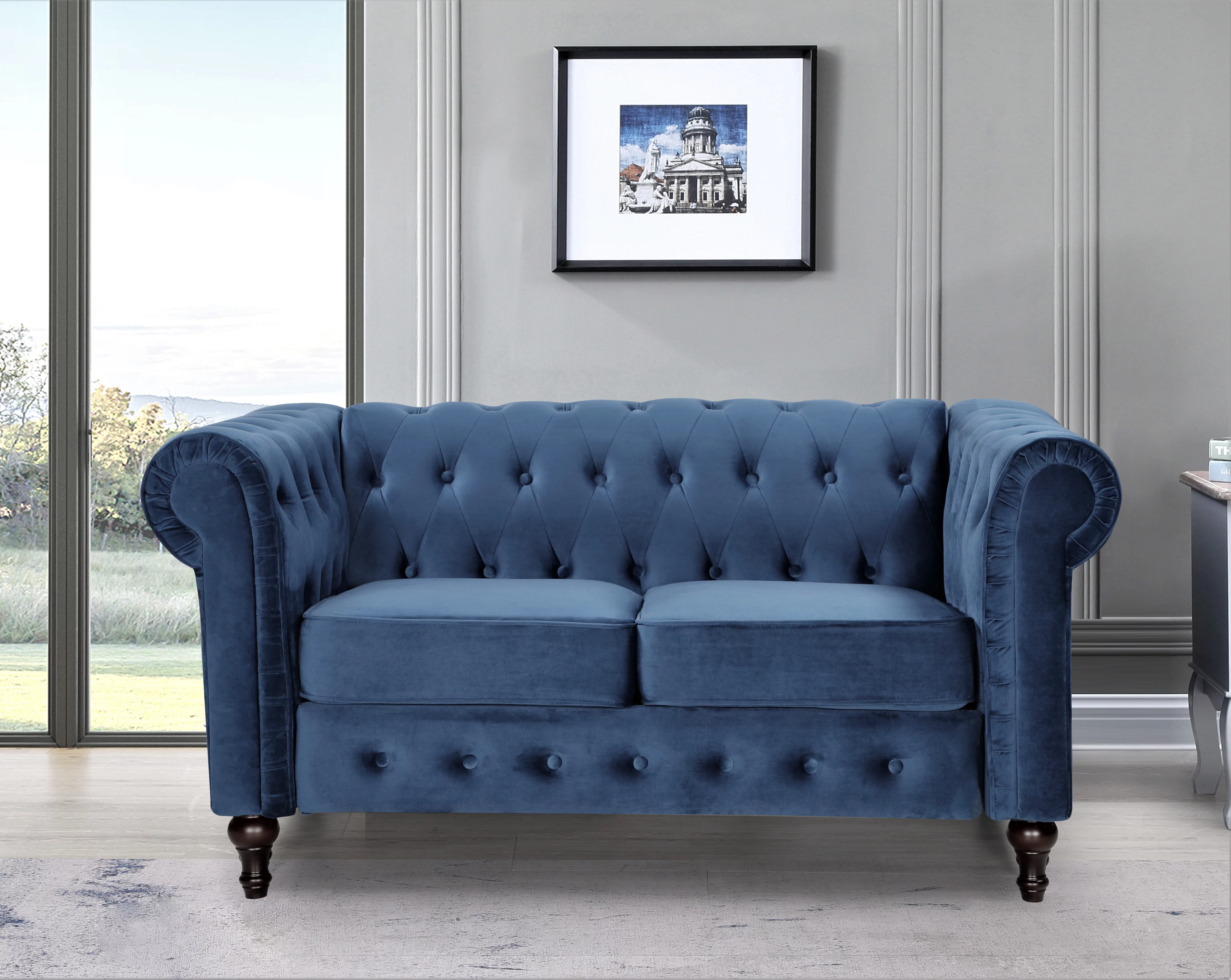 Uspridefurniture Shamblin 61'' Rolled Arm Chesterfield Velvet Loveseat -Blue