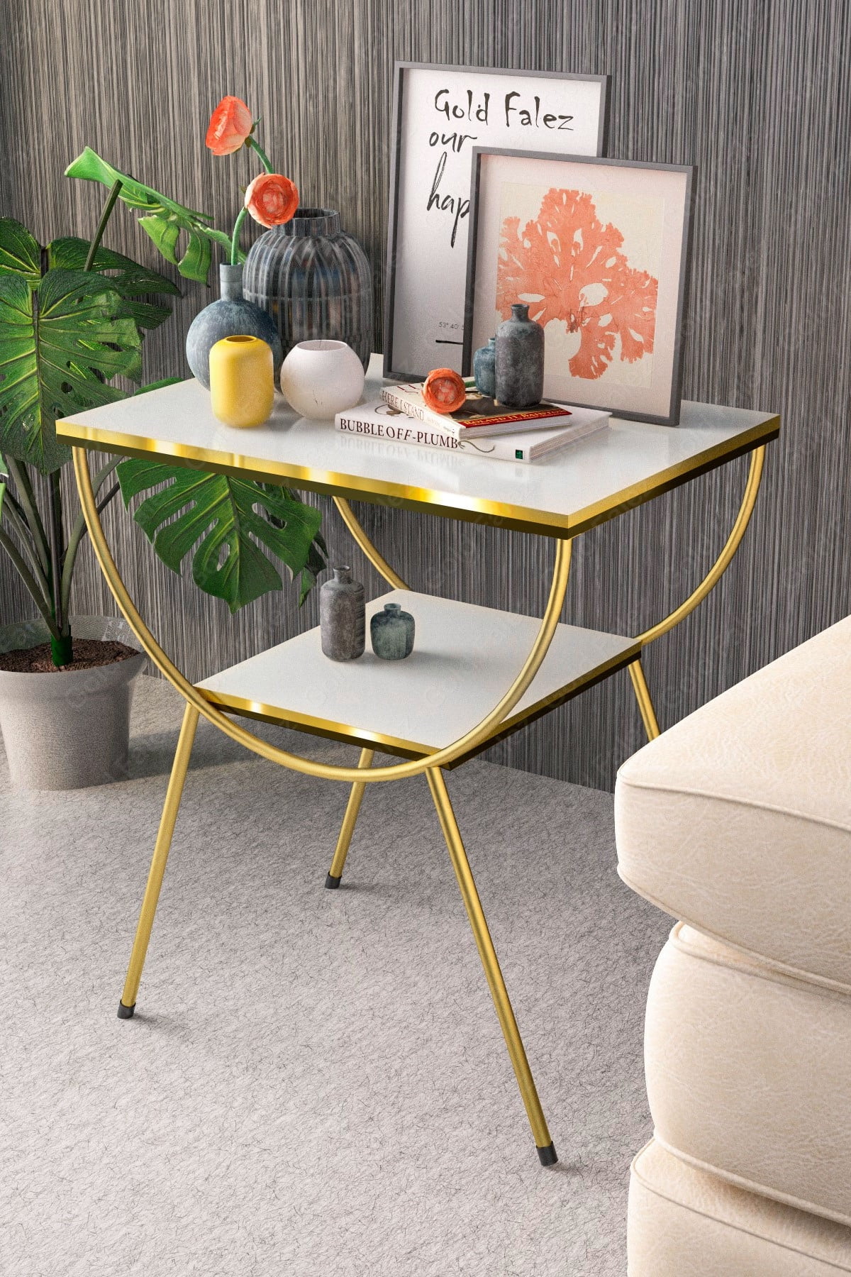 White Side Table with Gold Metal Legs, Modern Style Nightstand,Modern Coffee Table Gold/Black Side Details,End Table with Storage Shelf,Accent Table,Entryway Table