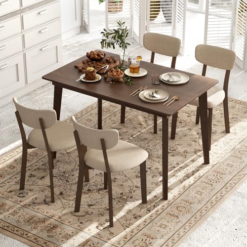 Tangkula Mid-Century Modern Round Dining Table Set for 2, Wooden Kitchen Table & 2 Chairs with Cushioned Seats, Compact 3-Piece Dining Set for Small Spaces, Kitchen, Living Room