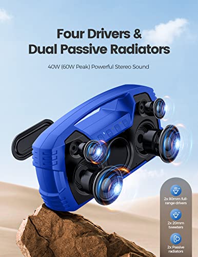 IPX7 Waterproof Bluetooth Speaker, 40W(60 Peak) Portable Wireless Speakers with Subwoofer, 32H Playtime, Stereo Loud Sound, Deep Bass, Bluetooth 5.0 with Handle for Pool, Beach, Outdoor, Gifts