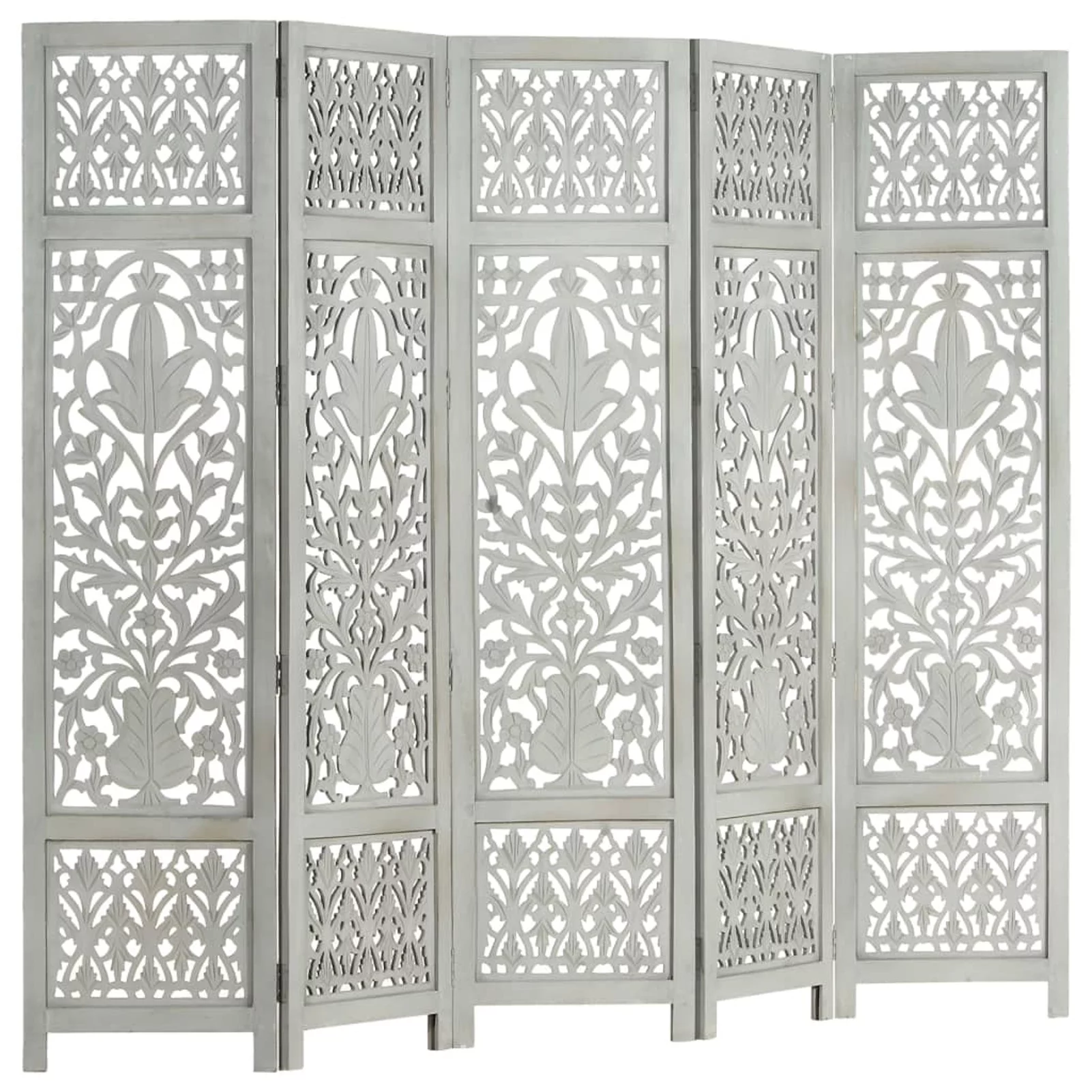Dcenta Hand Carved 5-Panel Room Divider Wooden Room Partition Panel Mango Wood Folding Screen Gray for Bedroom, Bathroom, Living Room, Kitchen, Home Furniture 78.7in x 65in (W x H)