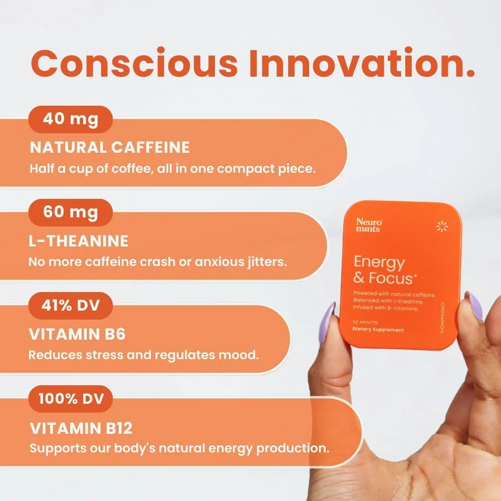 NeuroMints Cinnamon Caffeine Mints with L Theanine and Vitamin B6 B12 Energy and Brain Supplement Nootropics, 12 Pack (144 Count)