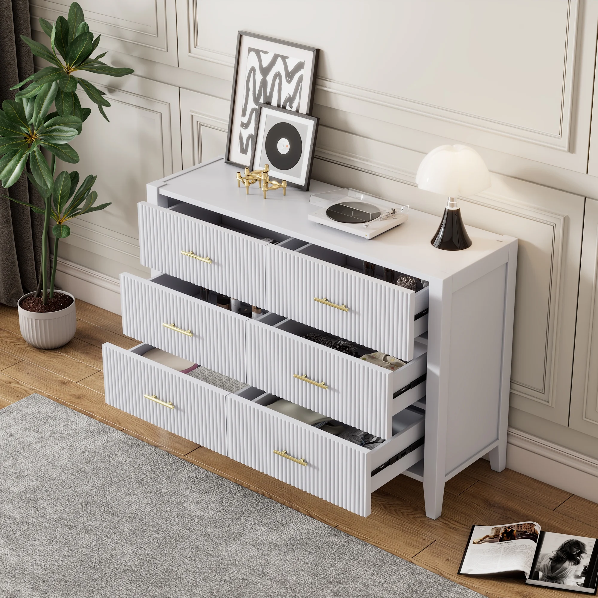 Glavbiku Modern 6 Drawer Dresser with Sturdy Metal Leg for Home,Storage Cabinet White Finish,Adult