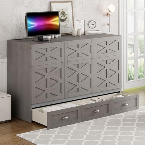 Harper & Bright Designs Full Size Murphy Bed Wall Bed, Solid Pine Murphy Bed Chest Cube Cabinet Bed with USB, Charging Station and Large Storage Drawer for Home Office or Small Room - White