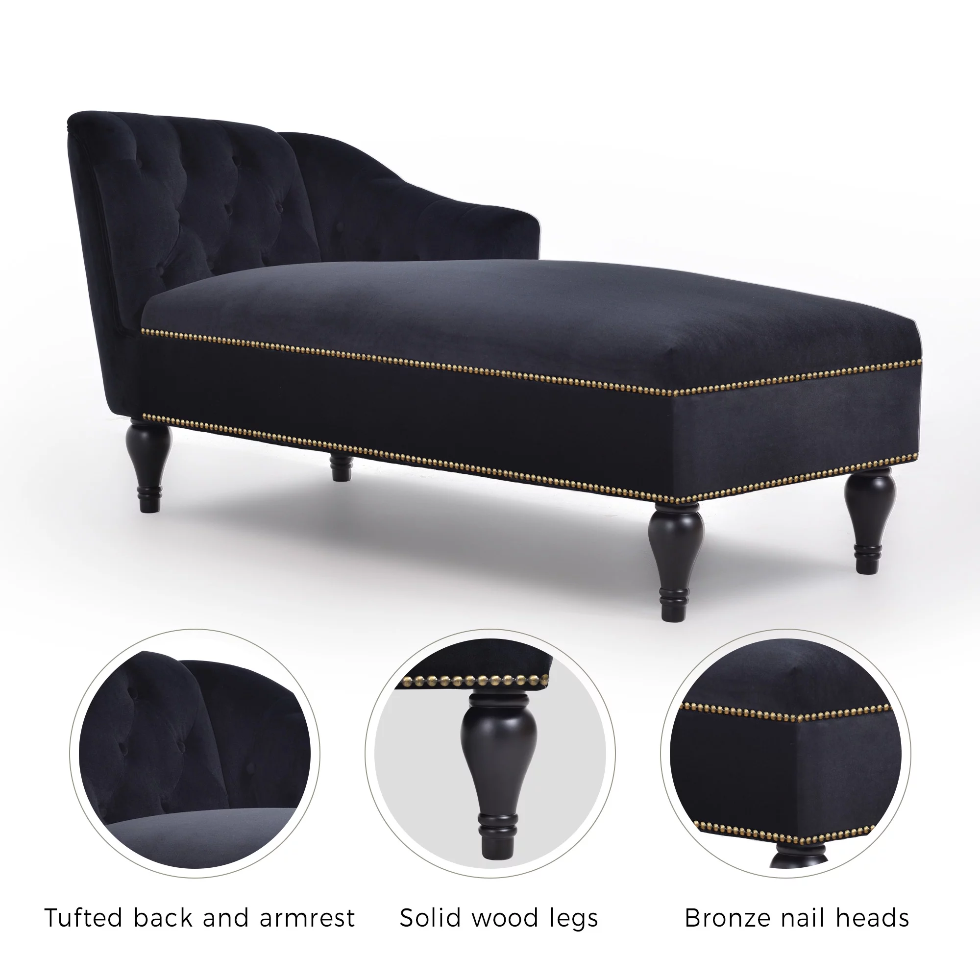 Bellemave Velvet Chaise Lounge, Button Tufted Right Arm Facing Lounge Chair with Nailhead Trim & Solid Wood Legs, Sleeper Lounge Sofa (Black)
