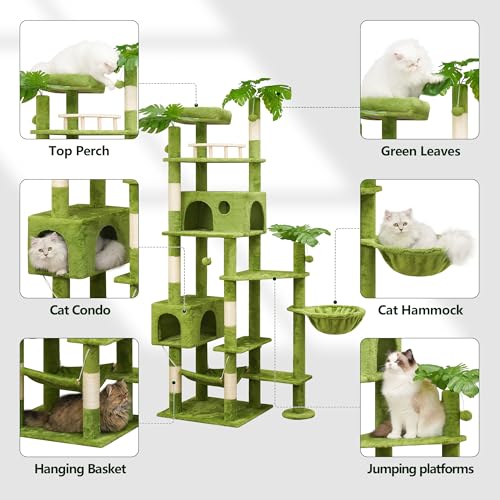 77in Cat Tree with Leaves for Indoor Cats Large Adult,Tall Cat Tower with Scratching Post, Large Cat Tree with Two Cat Condos, Soft Hammocks, Padded Perches for Heavy Duty Big Cats, Green