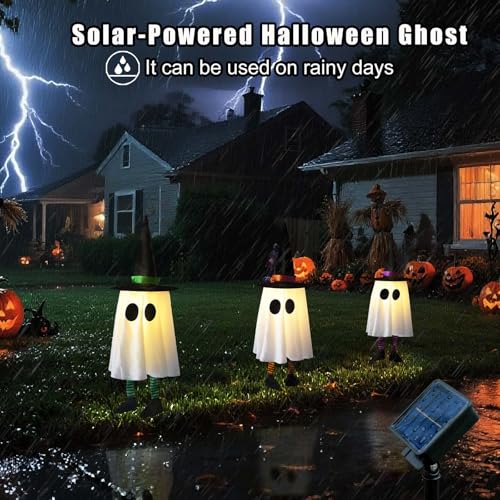 Solar Powerd Halloween Ghost Decorations Outdoor, Set of 3 Light Up Ghosts Kit with Witch Hats Cute Floating Front Yard Decor Hanging Glowing Led Lights Outside Tree Lawn Stake Pathway Patio Garden
