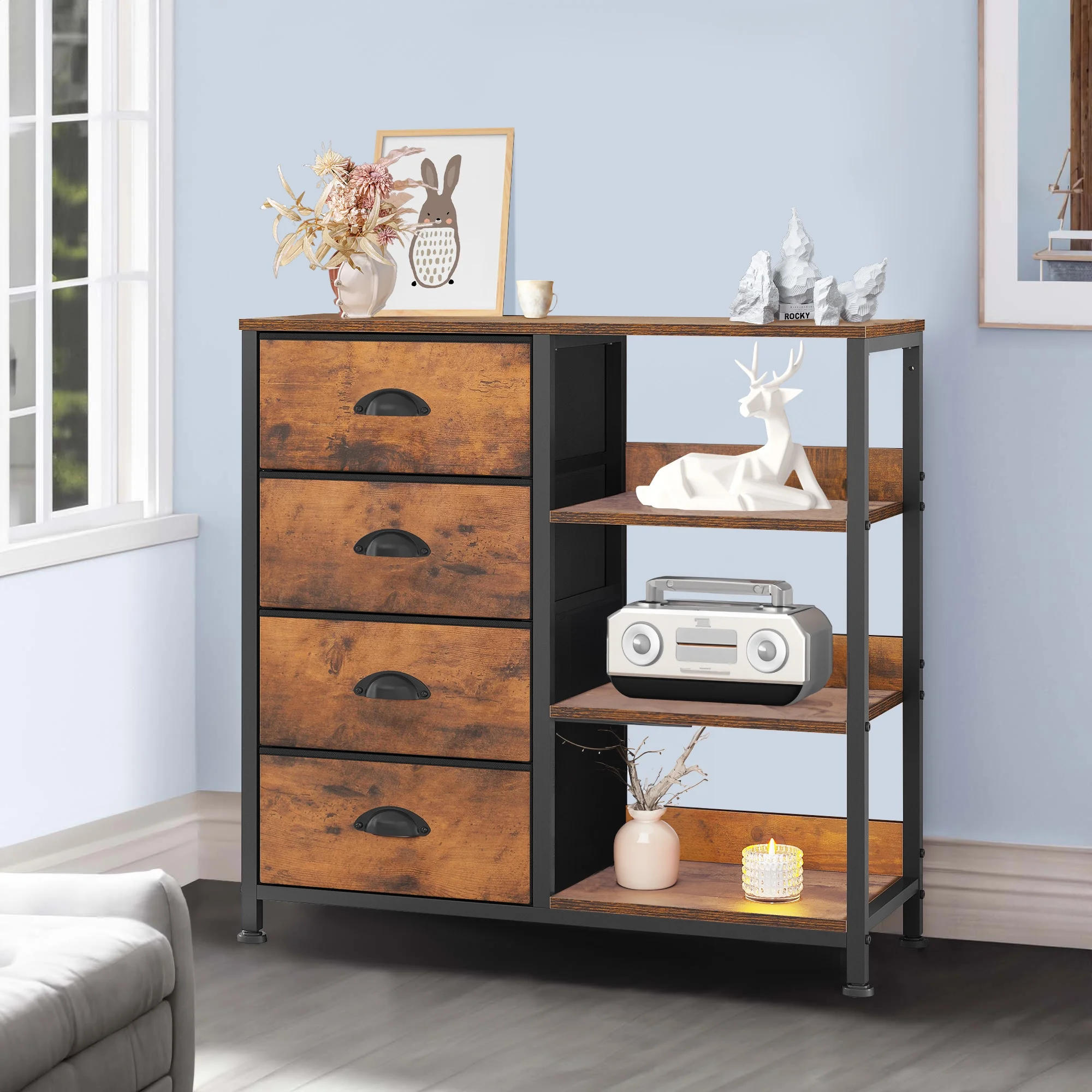 Dextrus Storage Tower with 4 Drawers and Side Shelf, Fabric Dresser, Organizer Unit for Bedroom, Living Room, Hallway, Closets - Sturdy Steel Frame, Easy Pull Fabric Bins & Wooden Top (Rustic Brown)