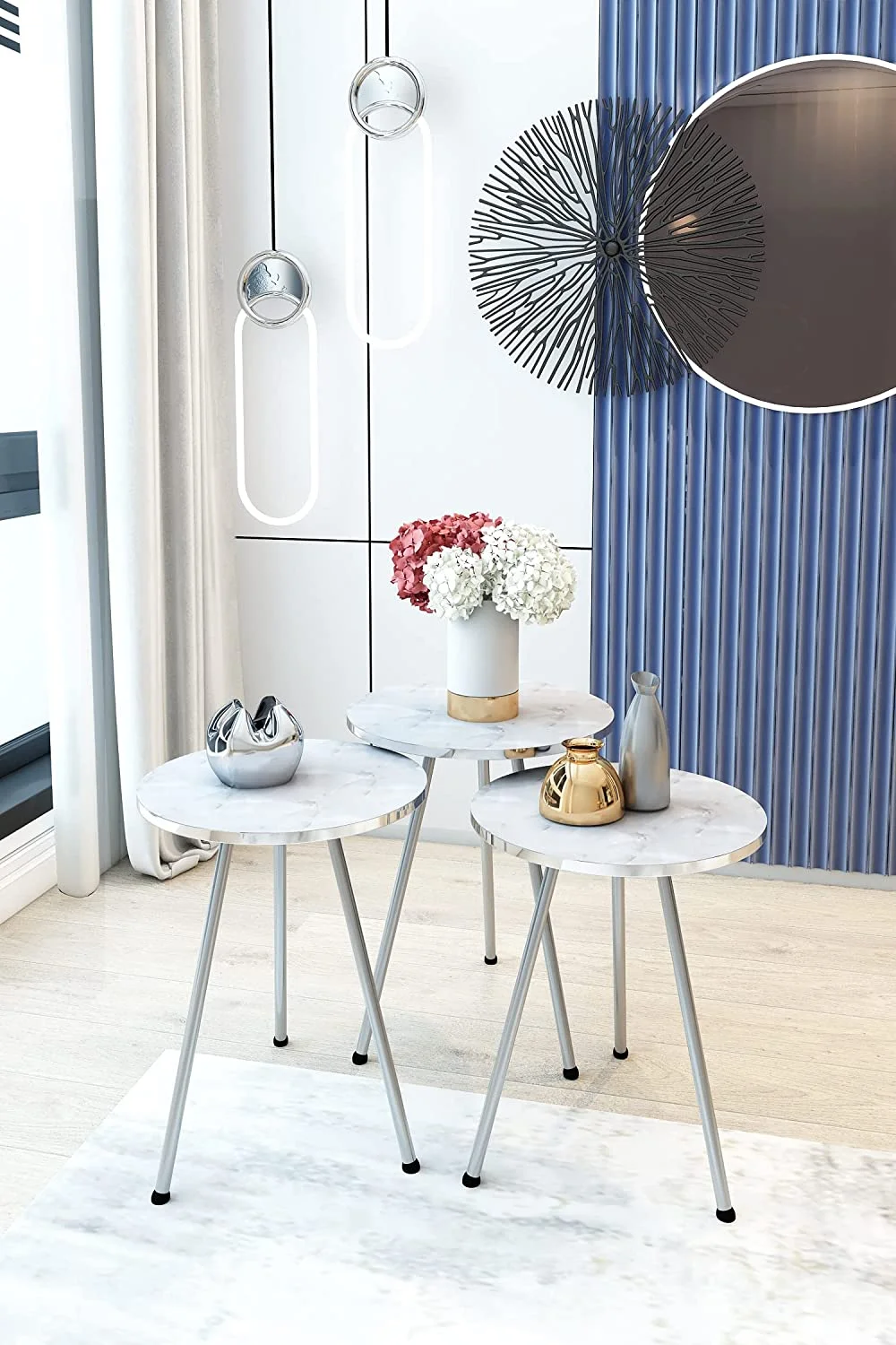 SUNRISE - Nesting End Tables - Round Stacking Coffee Side Tables for Small Spaces, Nightstand Bedside Table for Living Room, Bedroom, Living Room,NO-Tools Assembly (White Marble/Silver)