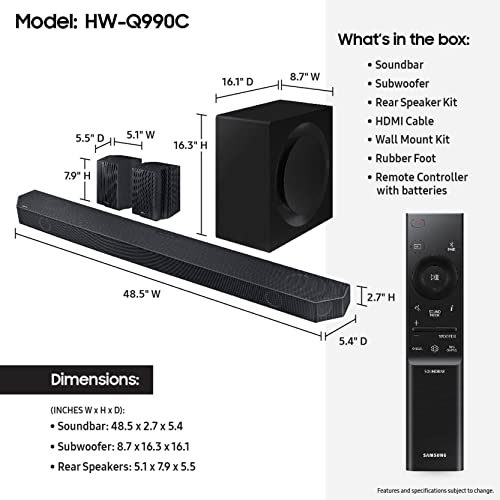 SAMSUNG HW-Q990C 11.1.4ch Soundbar w/Wireless Dolby Audio, Rear Speakers Included w/Q-Symphony, SpaceFit Sound Pro, Adaptive Sound, Game Mode Pro, Airplay 2, AVA, Alexa Built-in