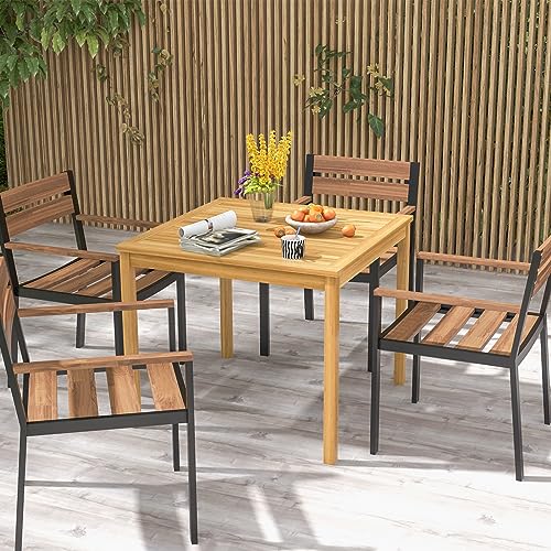 Tangkula Square Outdoor Dining Table, 4-Person Acacia Wood Dining Table with 1.9” Umbrella Hole, Farmhouse Patio Bistro Table, Indoor Outdoor Dining Furniture for Yard Deck Lawn