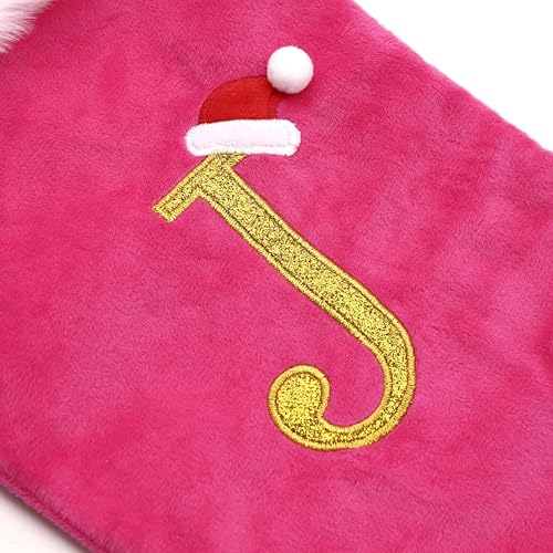 20-inch Personalized Pink Faux Velvet Stocking with Embroidered Gold Letter – Luxurious Christmas Decoration and Gift, Plush Finish (Pink-M)