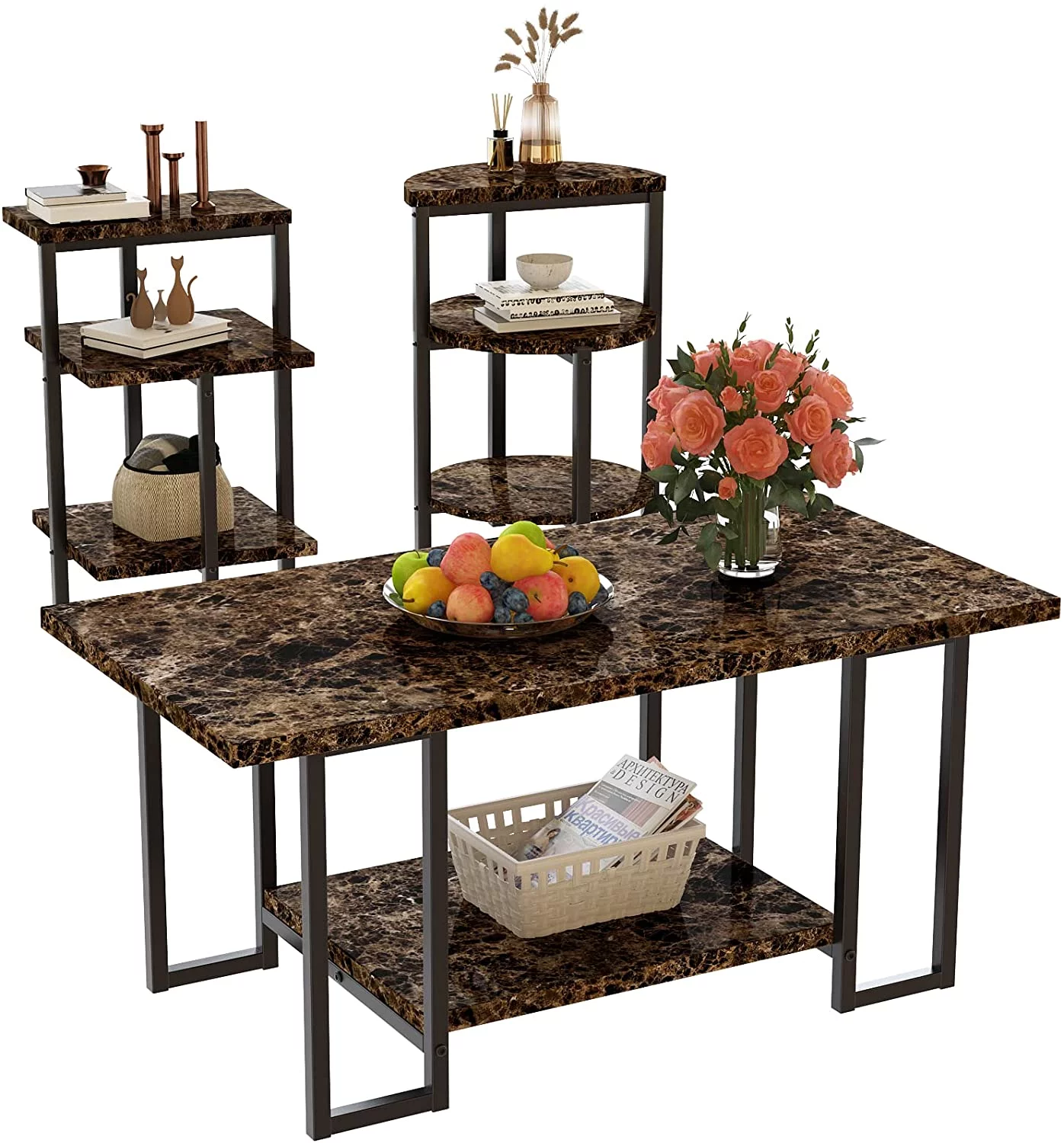 Recaceik Coffee Table Set of 3, Modern 3-Piece Table Set Faux Marble Coffee Table & 2 End Tables Open Shelves with Metal Legs, Living Room Table Sets for Apartment, Small Space