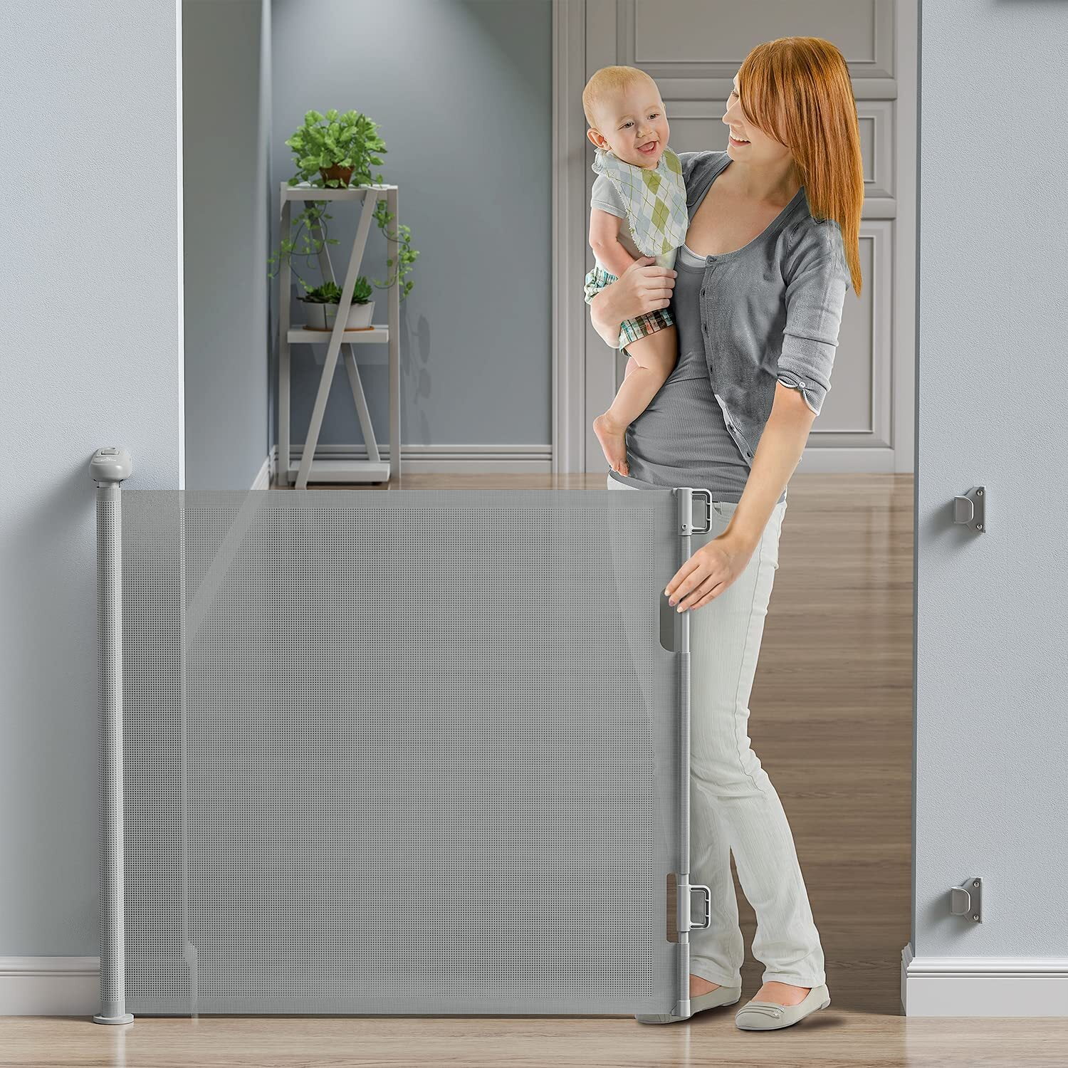Retractable Baby Gates, BabyBond Baby Gate for Stairs Extra Wide 59” X 33” Tall for Kids or Pets Indoor and Outdoor Dog Gates for Doorways, Stairs, Hallways (33 * 71 inches, Gray & Drill)