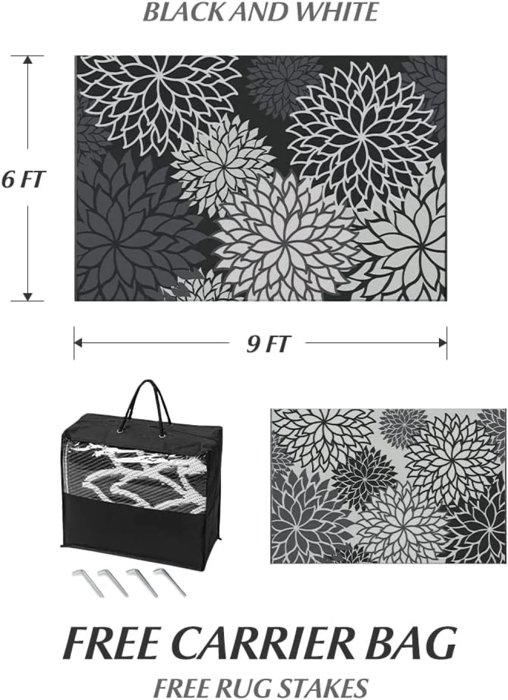 SIXHOME Outdoor Rug 6'x9' Waterproof Patio Rug Floral Reversible Plastic Straw Indoor Outdoor Rug for RV Camping Garden Picnic Beach Deck Backyard Porch Decor Black and White