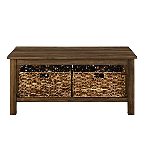 Walker Edison Coastal Black Living Room Coffee Table with Lower Shelf and Faux Rattan Wicker Baskets, 40 Inch