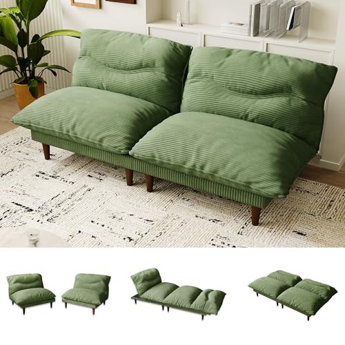 Futon Sofa Bed, 4 in 1 Multi-Functional Futon Couch with Adjustable Backrest, 75 inch Convertible Sleeper Sofa Bed and Recliner Lounge, Corduroy Loveseat for Living Room, Apartment, Green