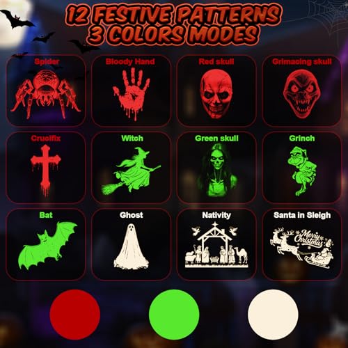 12 in 1 Halloween Christmas Projector Outdoor,3D Dynamic Halloween Decorations,Clearer Ghost/Spider/Bat/Skull/Witch/Nativity/HD Patterns,Waterproof for Window Wall Cemetery Christmas Decor