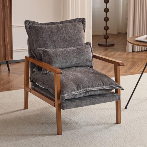 VINGLI Mid-Century Modern Cloud Accent Armchair with Lumbar Pillow, 6.3'' Thick Seat Cushion Comfortable Lounge Chair with Wooden Armrests for Bedroom, Living Room, Reading Room,Gray-Blue