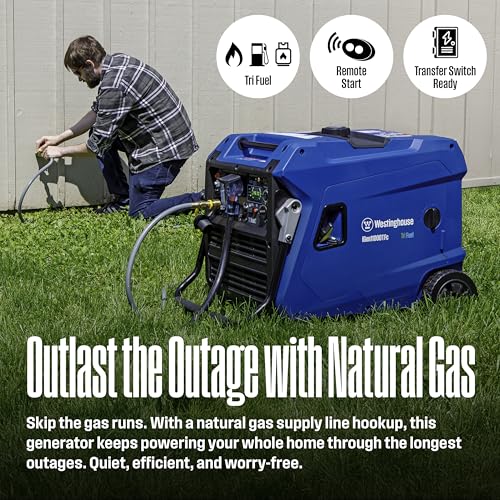 Westinghouse 11000 Peak Watt Tri-Fuel Portable Inverter Generator, Remote Start, Transfer Switch Ready, Gas/Propane/Natural Gas Powered, Low THD, Safe for Electronics, Parallel Capable, CO Sensor