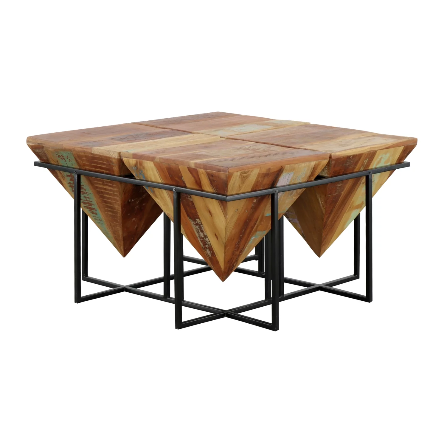 Coast to Coast Scarlett Midcentury Reclaimed Wood & Iron Square Pyramid Cocktail Table