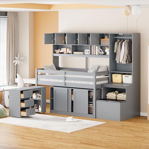 Harper & Bright Designs Full Size Loft Bed with Wardrobe, Wooden Full Loft Bed Frame Big Storage with Under-Bed Desk, Drawers and Shelves, Gray