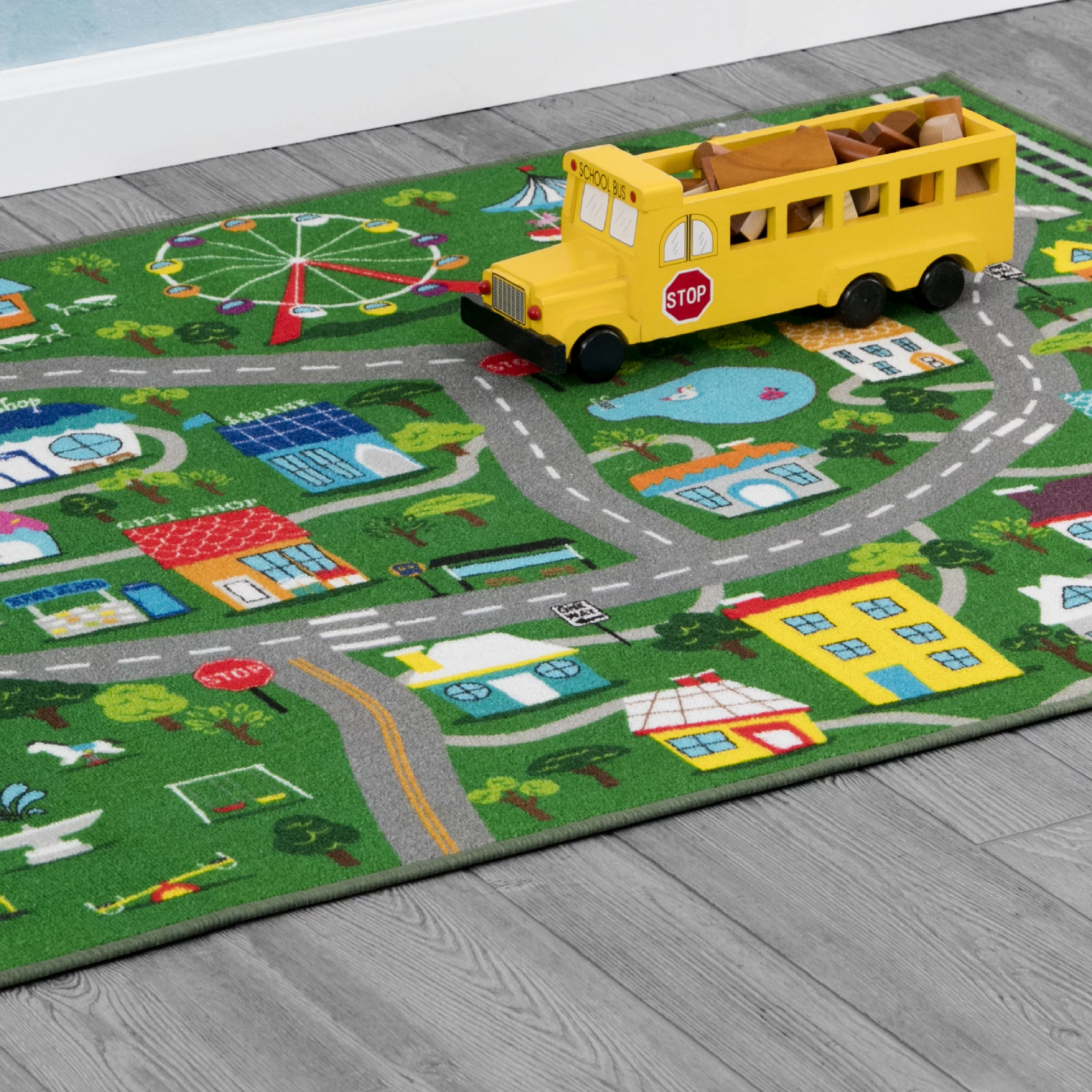 Delta Children Kids Large Road Map Activity Rug, 54-inch L x 39-inch W, Beach Town/Green