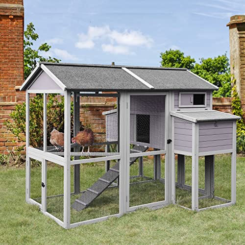 GUTINNEEN Large Chicken Coops for 6-10 Chickens, Hen House with 2 Nesting Boxes, Poultry Cage with Ramps and Run, Waterproof Roof