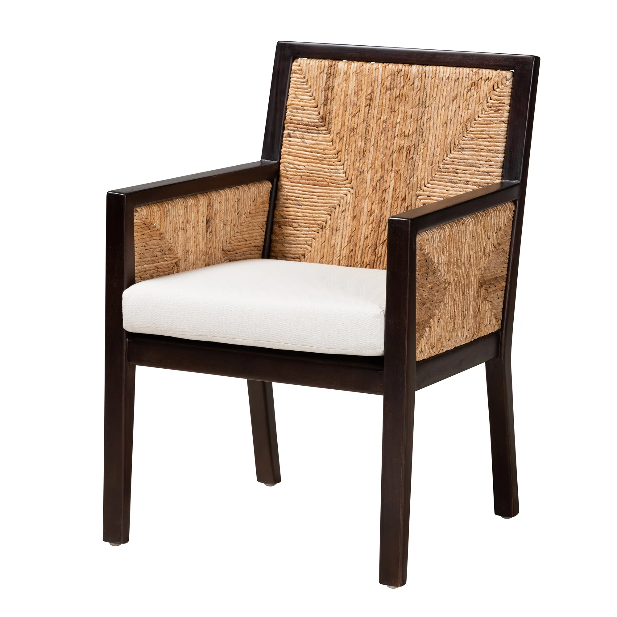 bali & pari Joana Modern Bohemian Dark Brown Mahogany Wood and Natural Abaca Dining Arm Chair