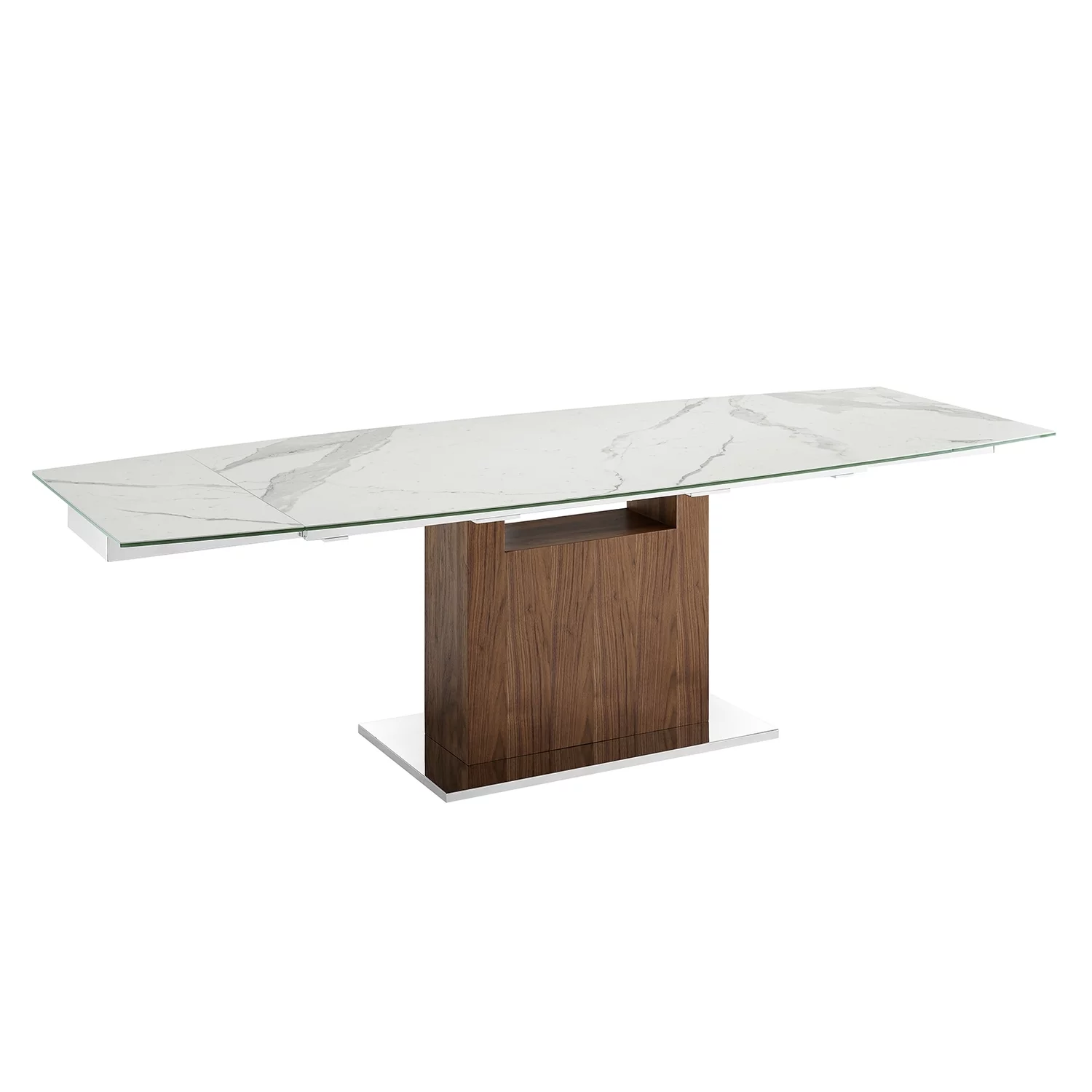 Talenti Casa Olivia Dining Table In White Marbled Porcelain Top On Glass With Walnut Veneer Base.